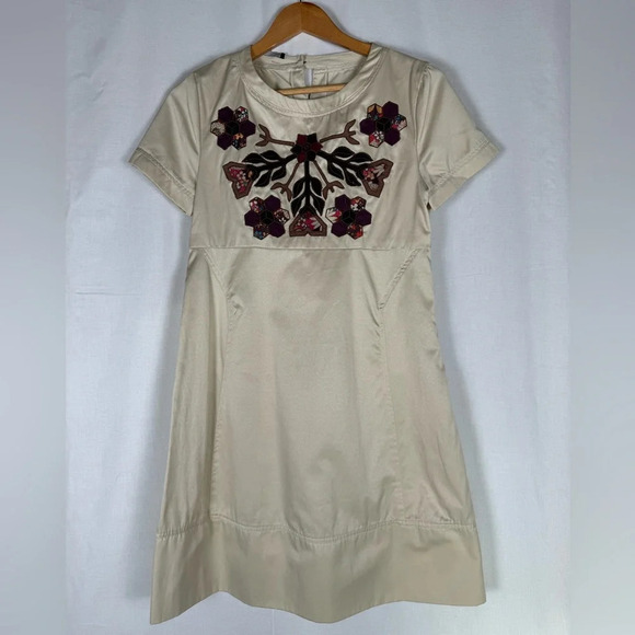 Lafer Tan Dress Womens 4 Patchwork Embroidered Cottagecore Boho Hippie Indie - Picture 1 of 14